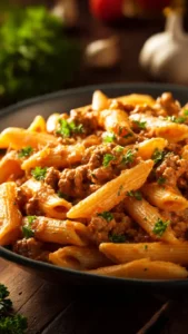 Creamy beef pasta dish served in a bowl with garnishes