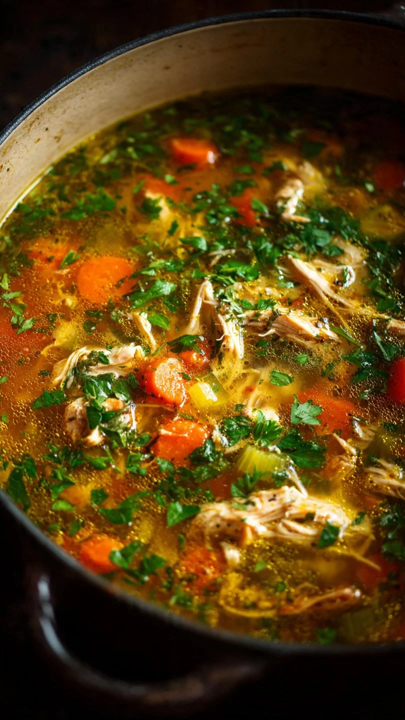 Bowl of homemade chicken soup with vegetables and herbs
