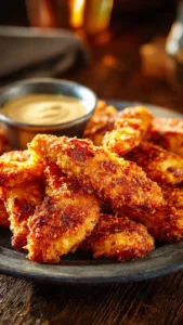 Plate of homemade Raising Cane's Chicken with Cane's Sauce for dipping