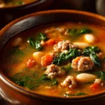 Bowl of Italian Sausage White Bean Soup garnished with fresh herbs