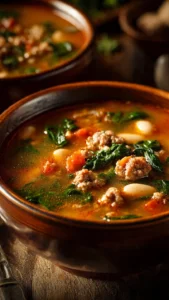 Bowl of Italian Sausage White Bean Soup garnished with fresh herbs