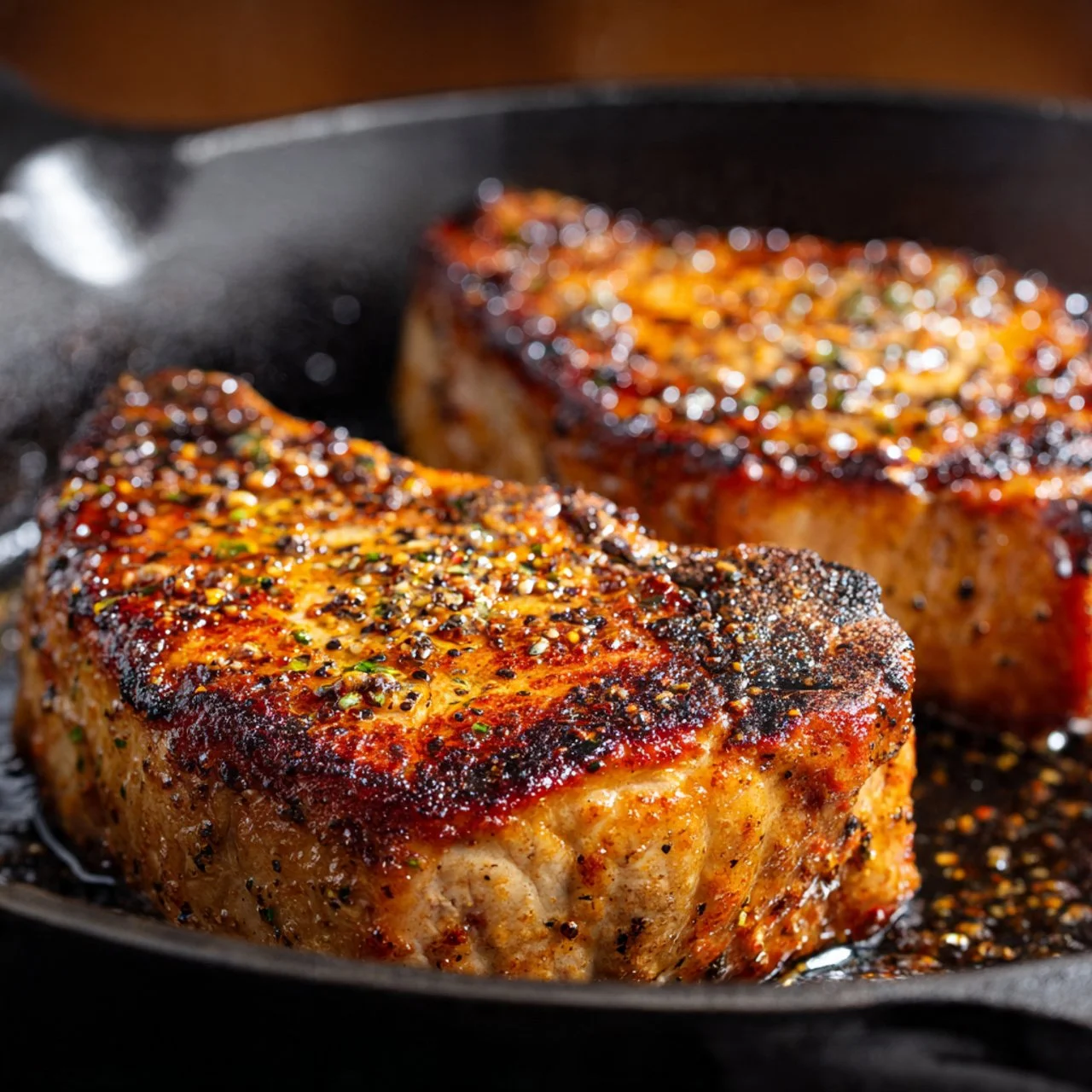 Juicy air fryer bone-in pork chops served with herbs