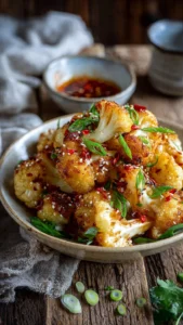 Korean Baked Cauliflower garnished with sesame seeds and green onions