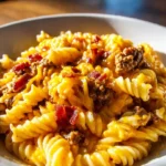 Delicious Loaded Bacon Cheeseburger Pasta served with crispy bacon and cheese