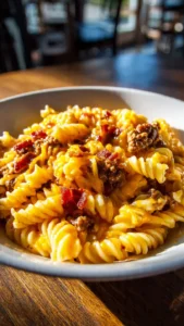 Delicious Loaded Bacon Cheeseburger Pasta served with crispy bacon and cheese