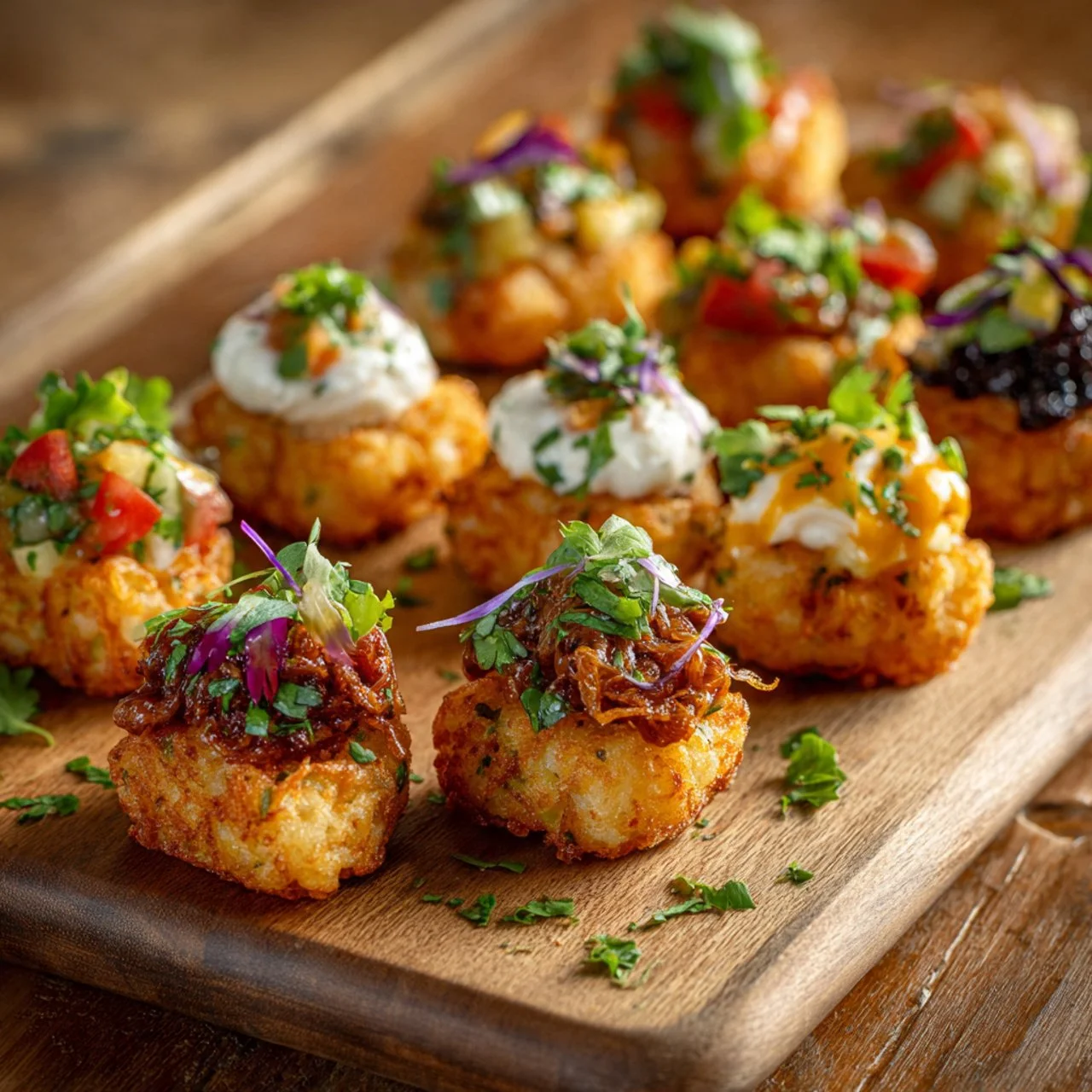 Delicious loaded tater tots appetizer topped with cheese and bacon