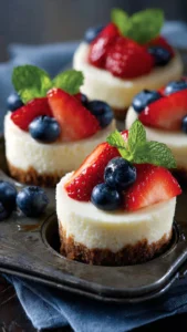 Delicious mini cheesecakes topped with fresh fruit and chocolate.