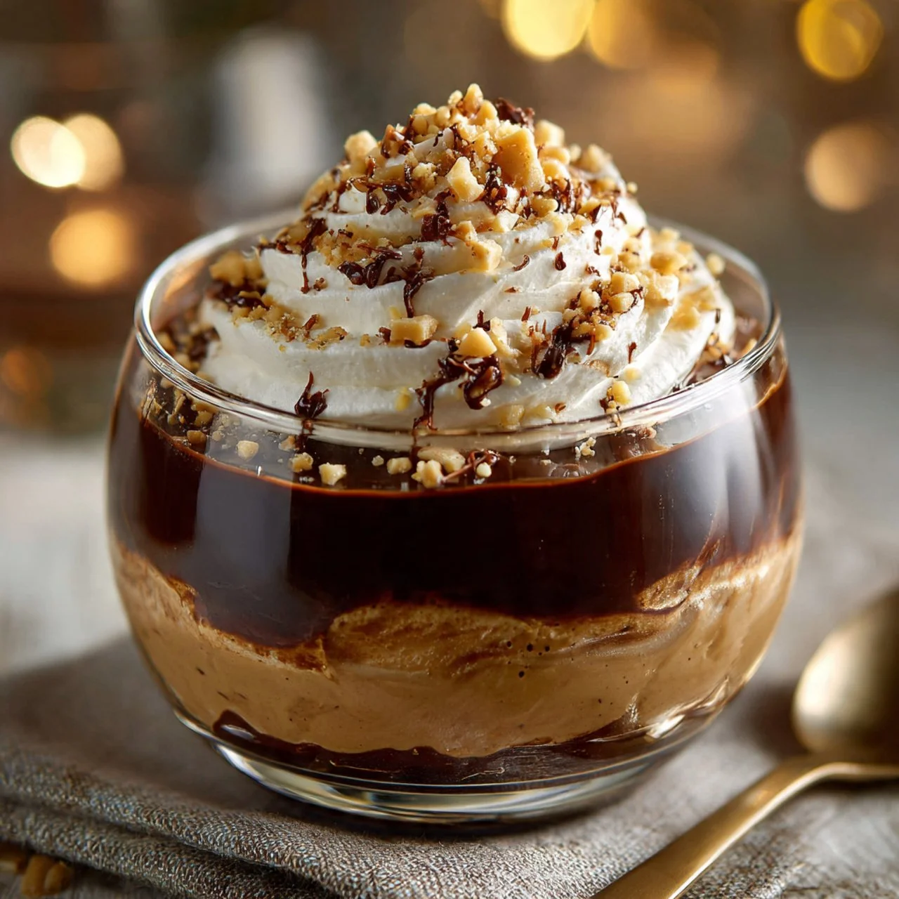 Delicious Peanut Butter Cup Cottage Cheese Mousse topped with chocolate and peanut butter