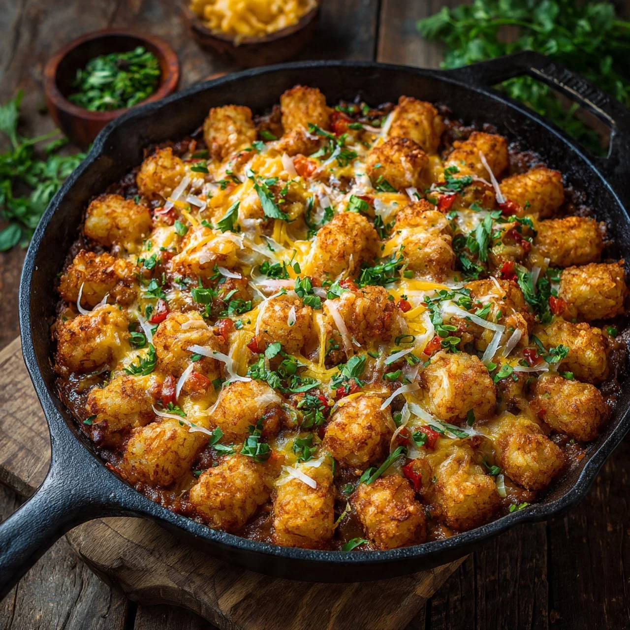 Pioneer Woman's Cowboy Casserole served on a rustic wooden table