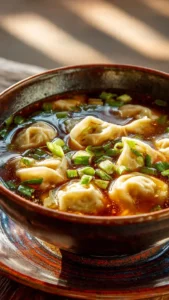 Bowl of comforting Potsticker Soup with dumplings and fresh herbs