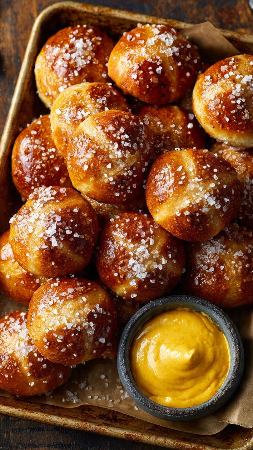 A plate of warm pretzel bites served with mustard dipping sauce