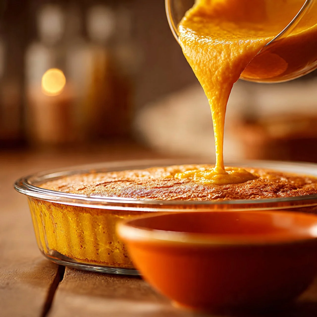 A delicious Pumpkin Cottage Cheese Bake topped with spices and served in a rustic dish.
