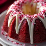 Delicious Red Velvet Bundt Cake with cream cheese frosting on a table