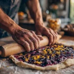Freshly baked sourdough discard lemon blueberry rolls topped with blueberries