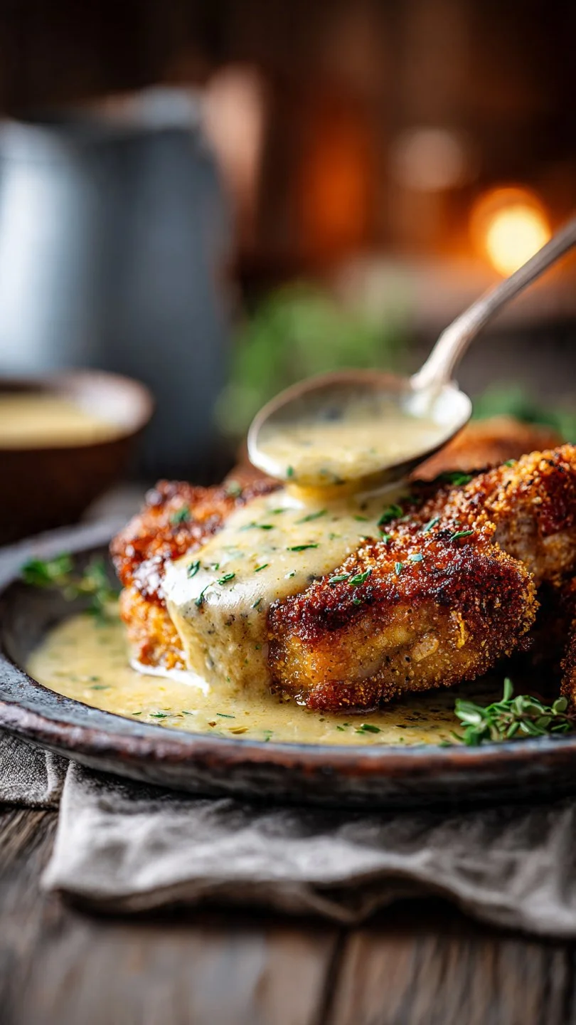 Southern fried pork chops served with creamy gravy