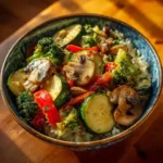 Spicy ground beef stir-fry bowl with garlic veggies and steamed rice