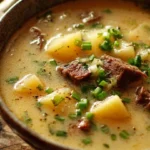 Bowl of creamy Steak and Potato Soup topped with fresh parsley