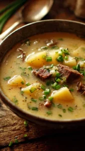 Bowl of creamy Steak and Potato Soup topped with fresh parsley