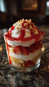 Delicious strawberry banana pudding topped with fresh fruit