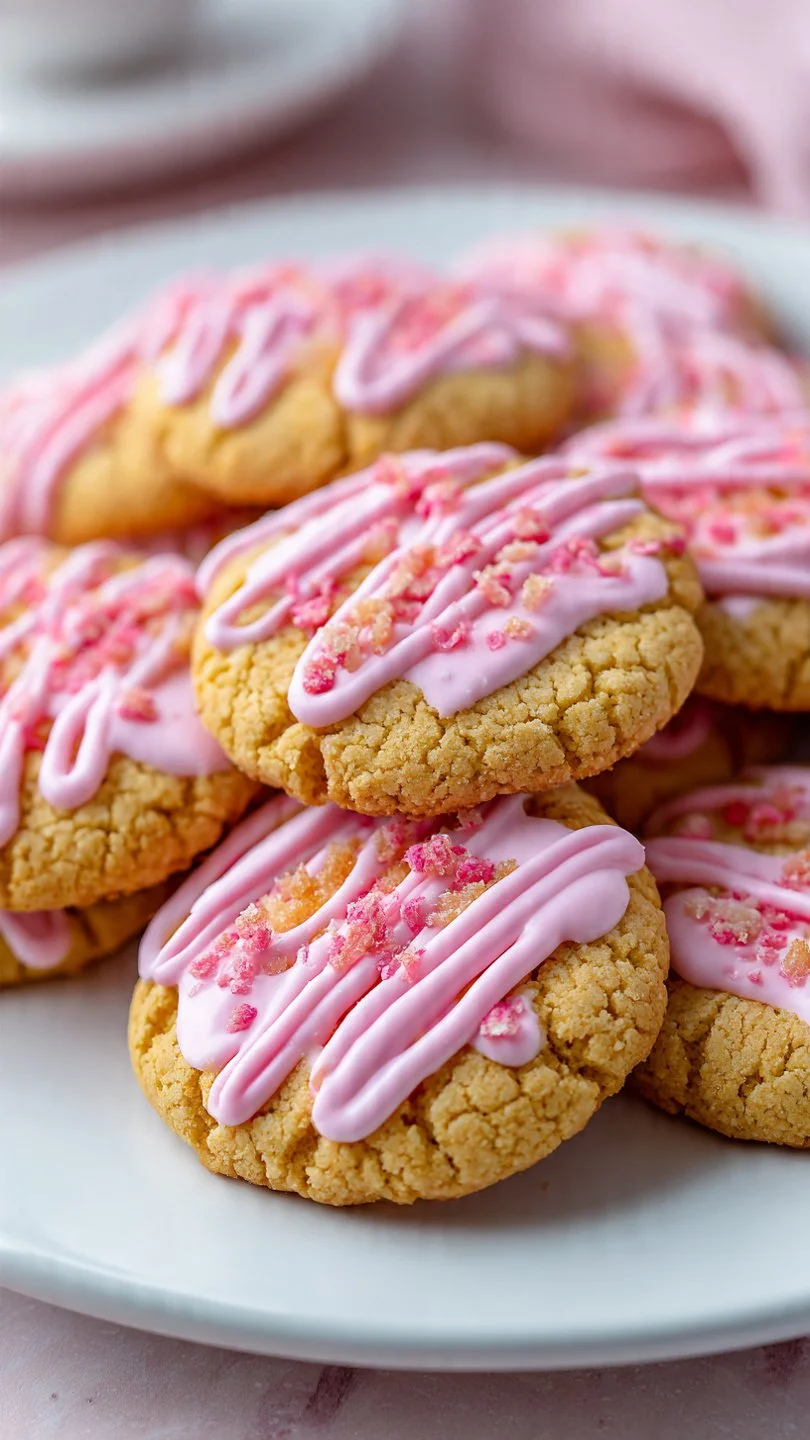 Freshly baked Strawberry Crunch Cookies topped with crunchy strawberry pieces