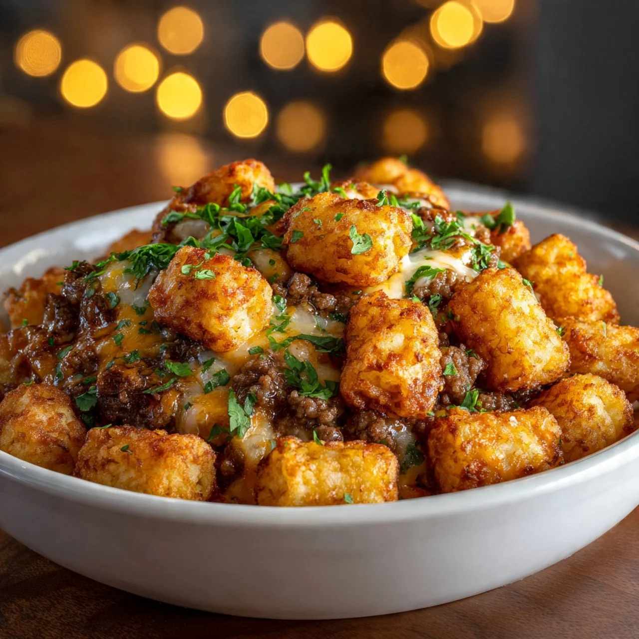 Delicious Tater Tot Casserole with cheese and ground beef in a baking dish
