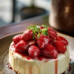 Delicious strawberry cream cheese pound cake sliced and decorated with fresh strawberries