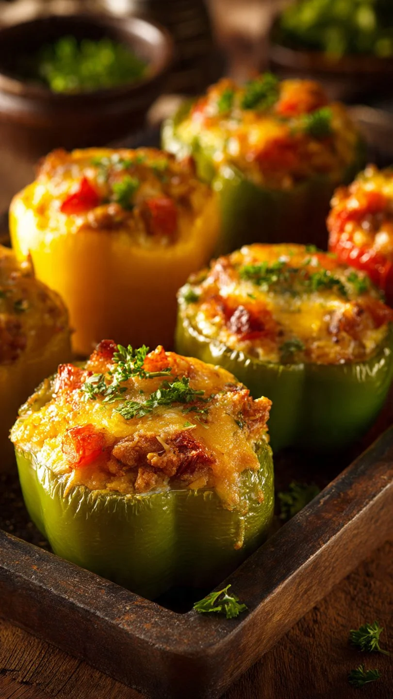Vegetarian stuffed bell peppers filled with rice, beans, and vegetables on a plate.