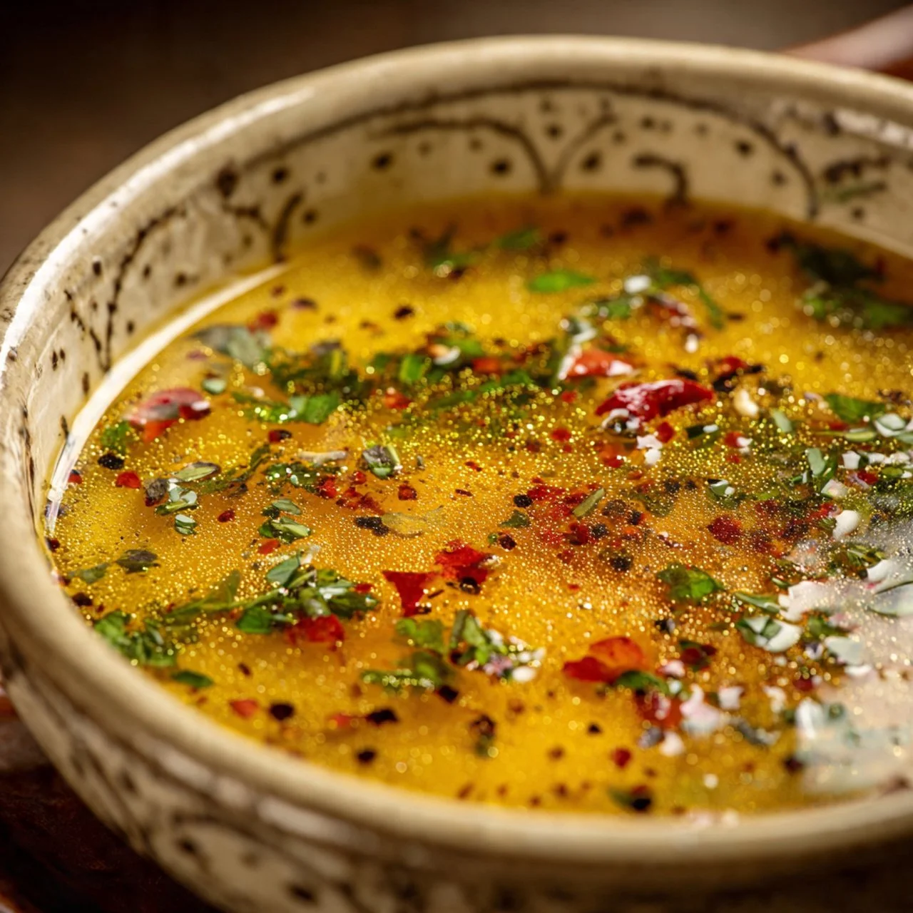 Bowl of homemade Avgolemono Soup garnished with fresh herbs.