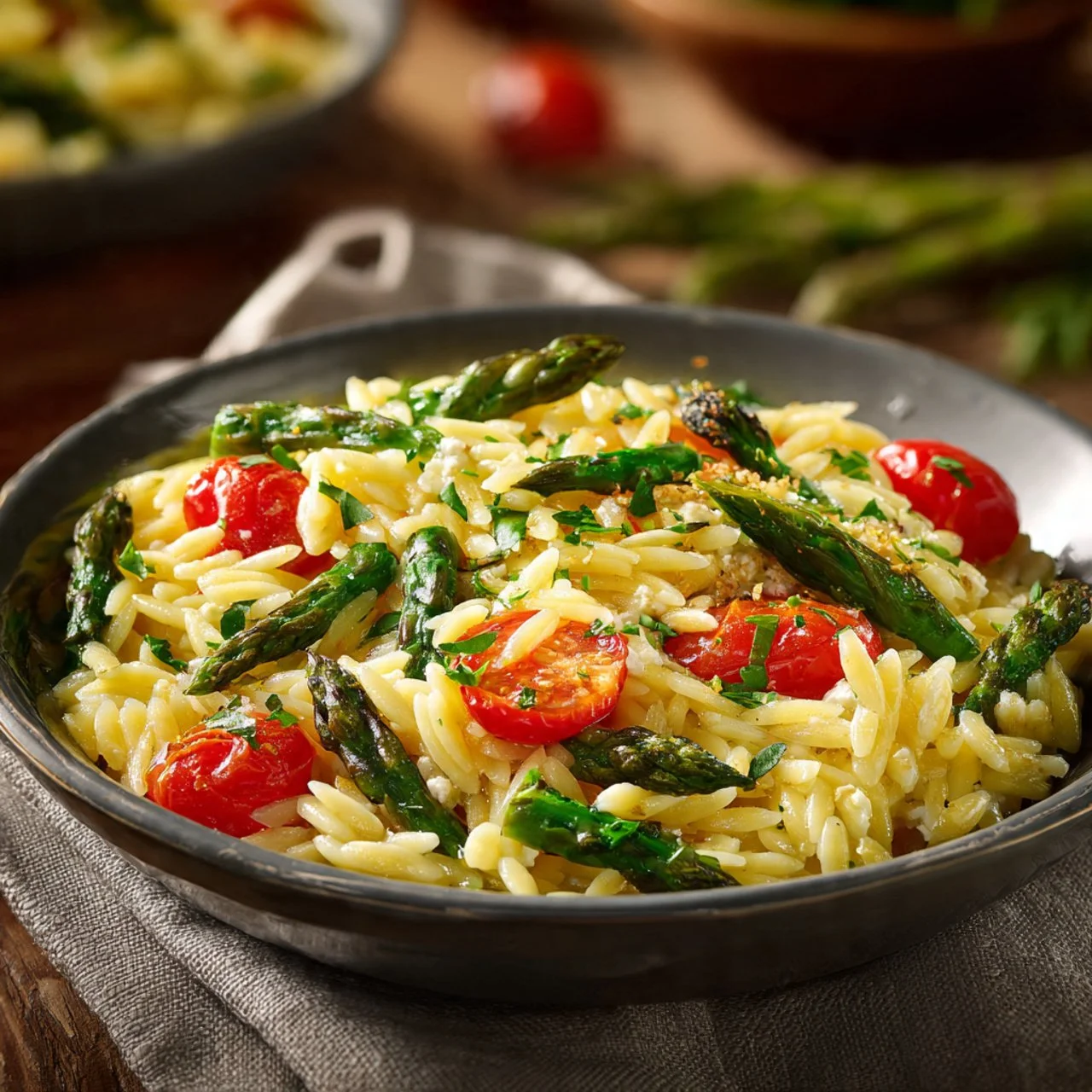 Delicious baked feta orzo dish garnished with fresh herbs and vegetables