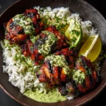 Plate of best Peruvian chicken served with creamy green sauce