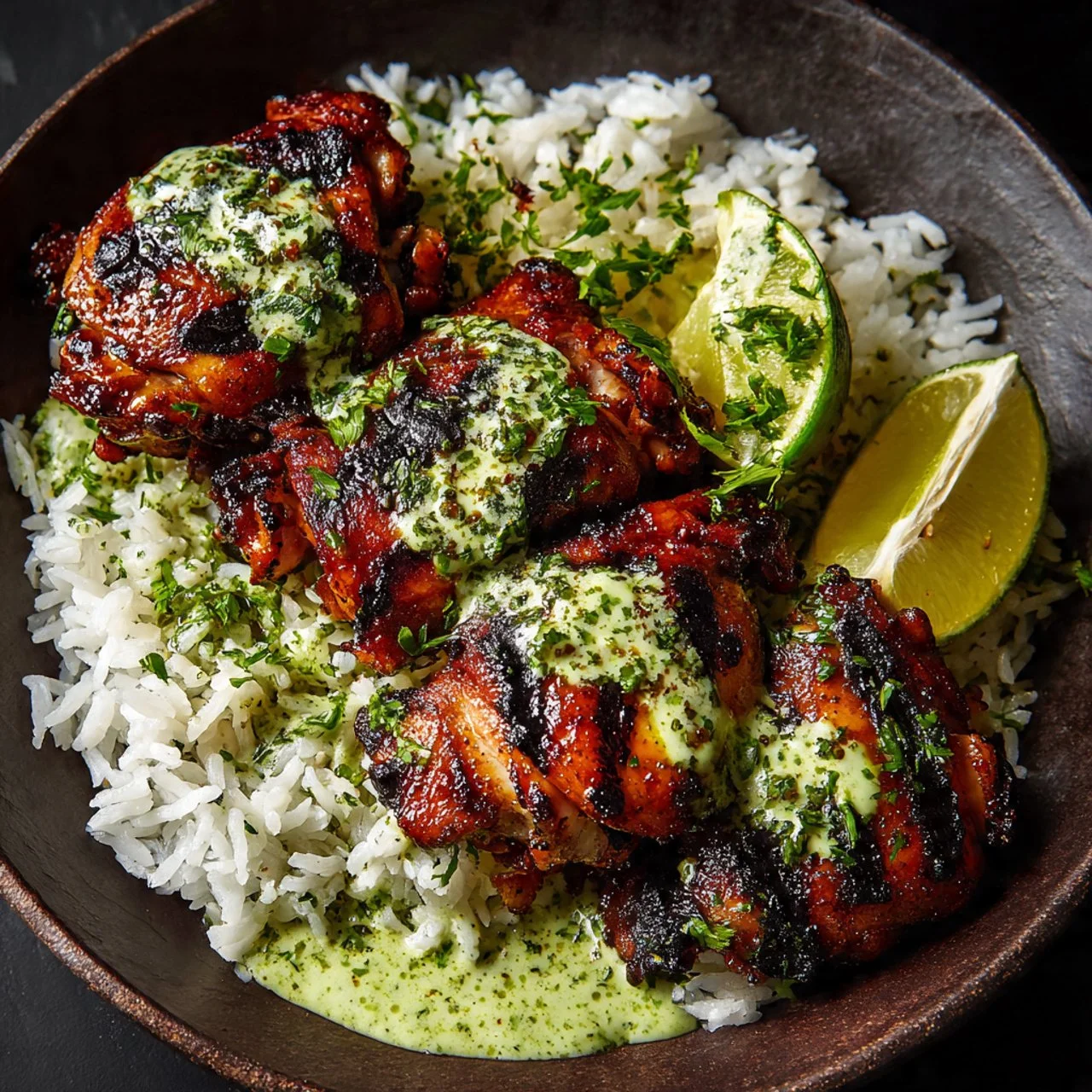Plate of best Peruvian chicken served with creamy green sauce