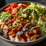 Delicious Buffalo Chicken Bowls topped with fresh ingredients
