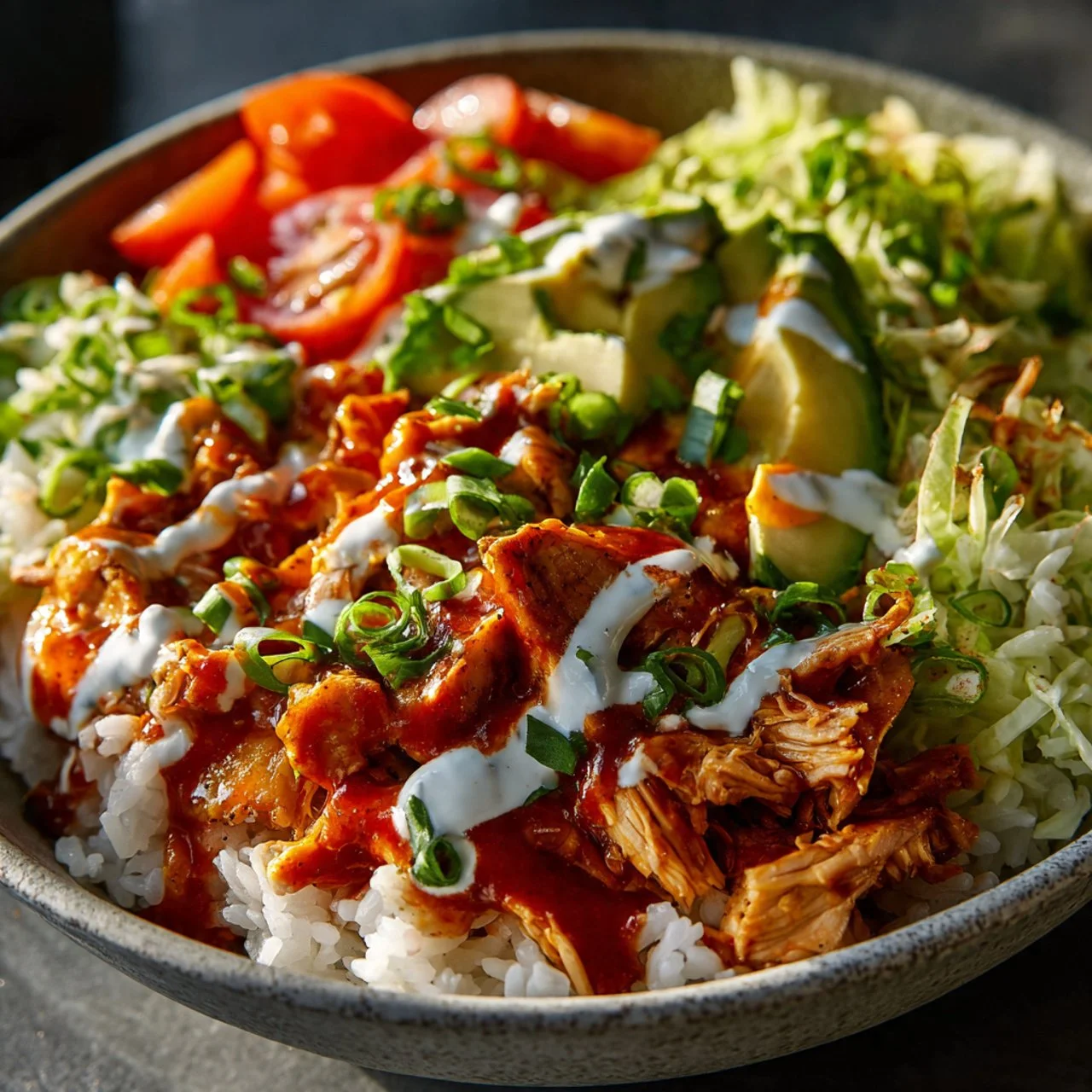 Delicious Buffalo Chicken Bowls topped with fresh ingredients