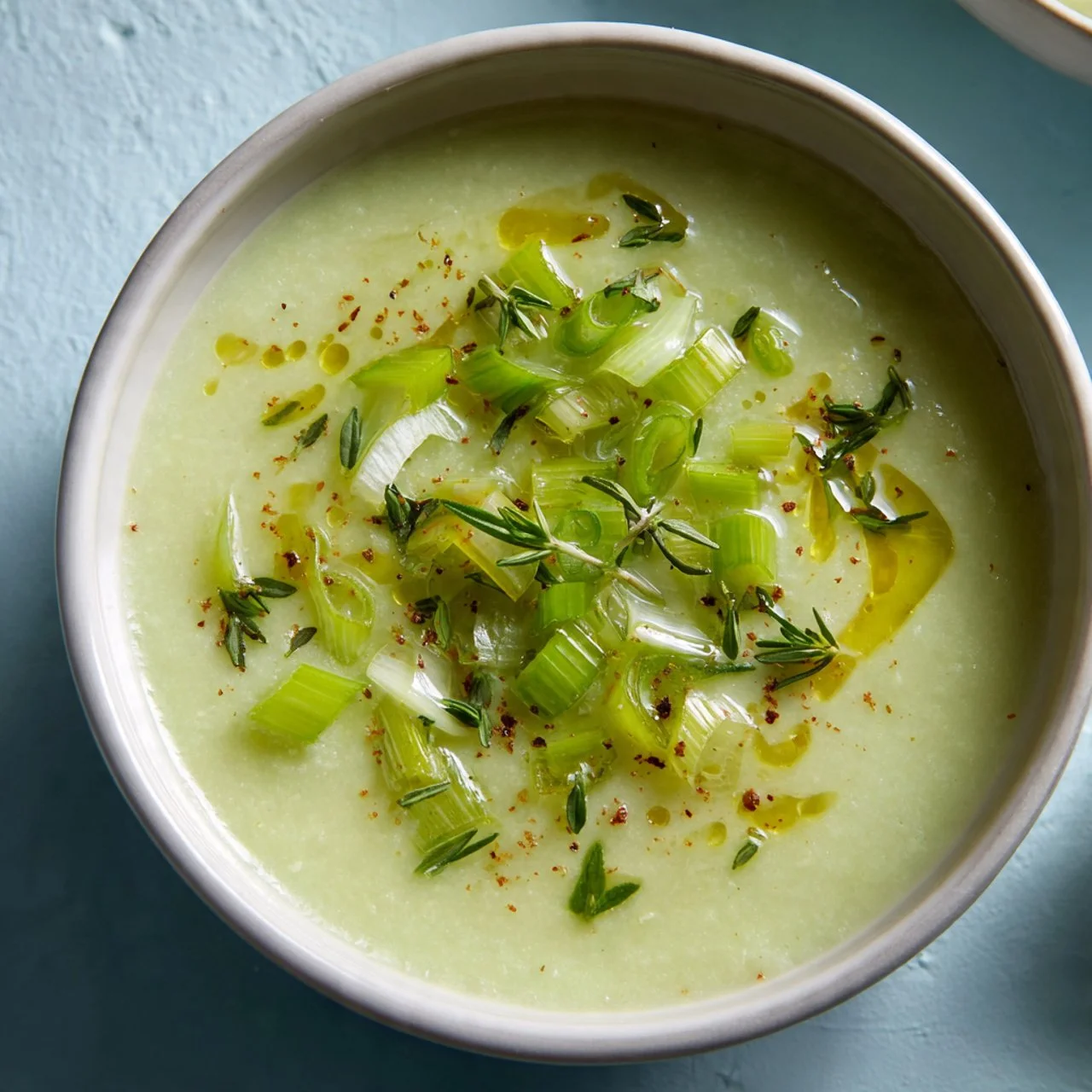 Bowl of creamy celery leek soup garnished with fresh herbs.