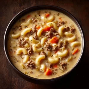 Bowl of creamy cheeseburger macaroni soup garnished with herbs