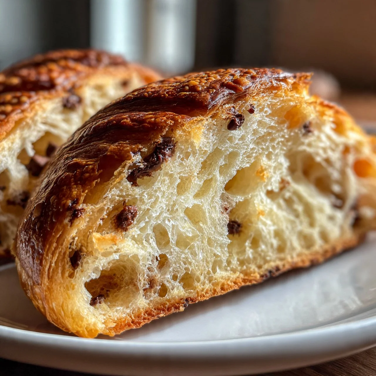 A freshly baked chocolate chip sourdough croissant showcasing flaky layers and melty chocolate