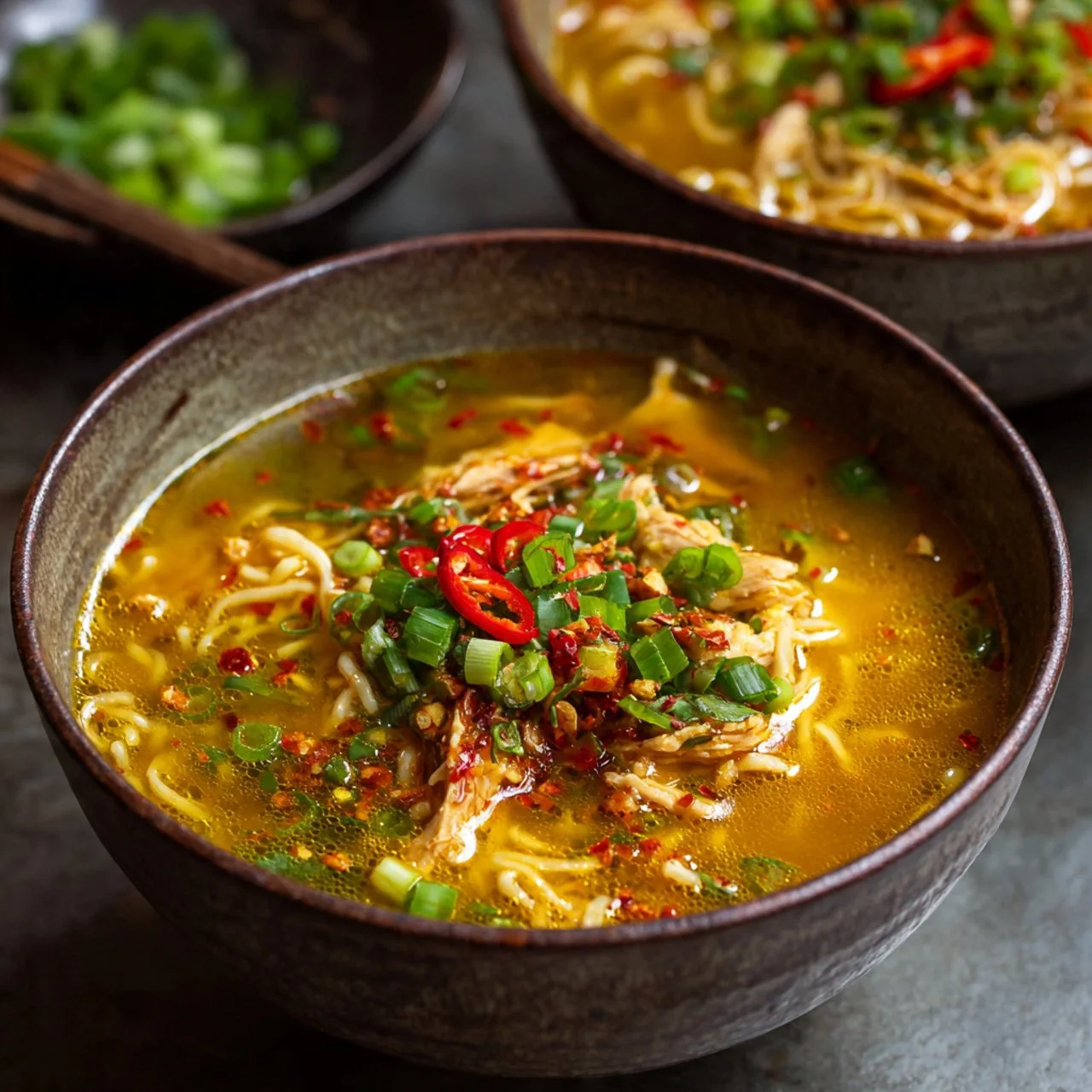 Bowl of Classic Ginger Garlic Chicken Noodle Soup garnished with herbs