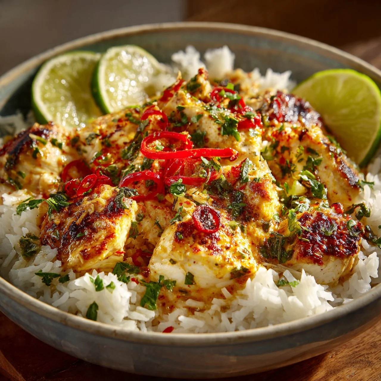 Plate of Coconut Chicken served with rice and garnished with herbs