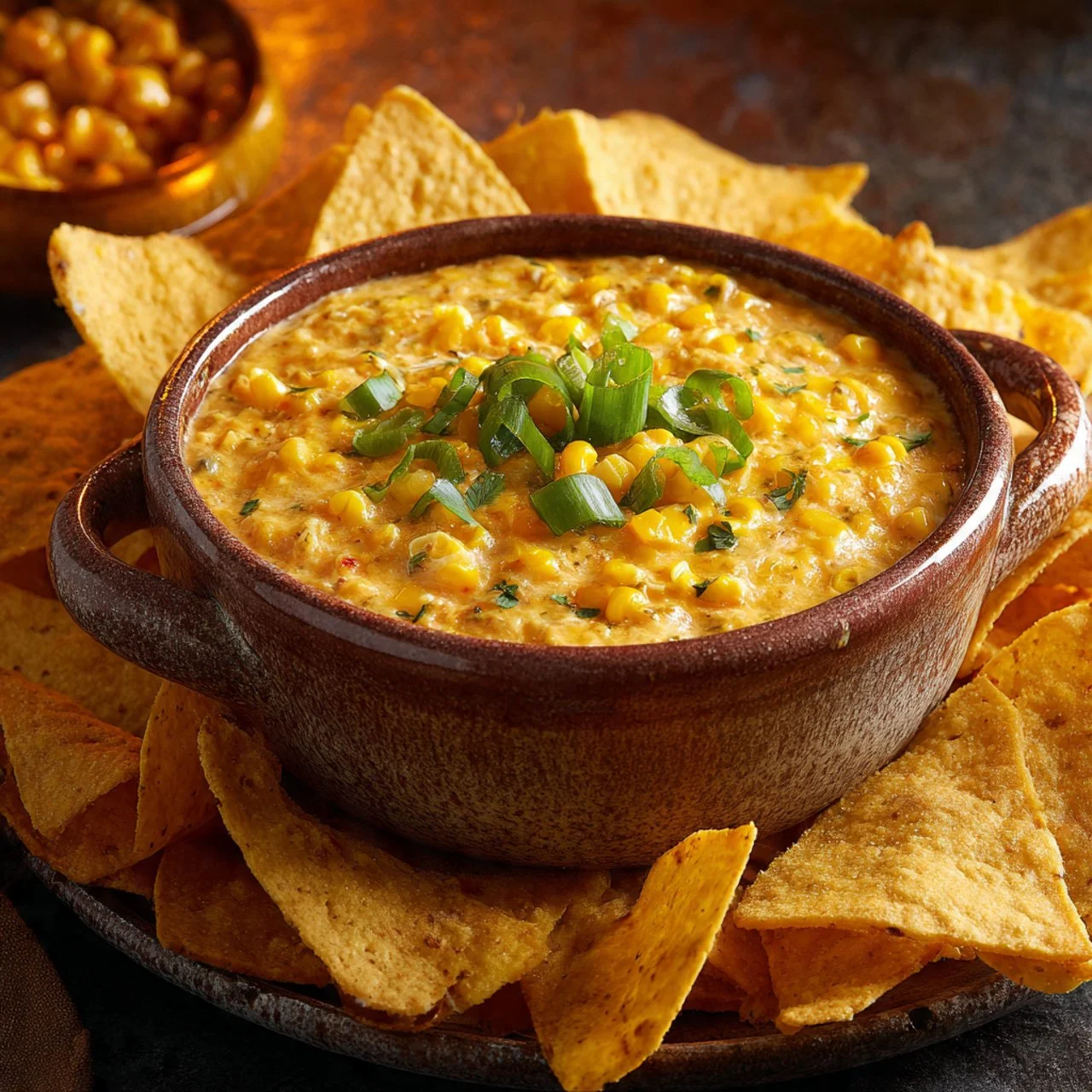 Delicious corn dip served in a bowl with tortilla chips on the side