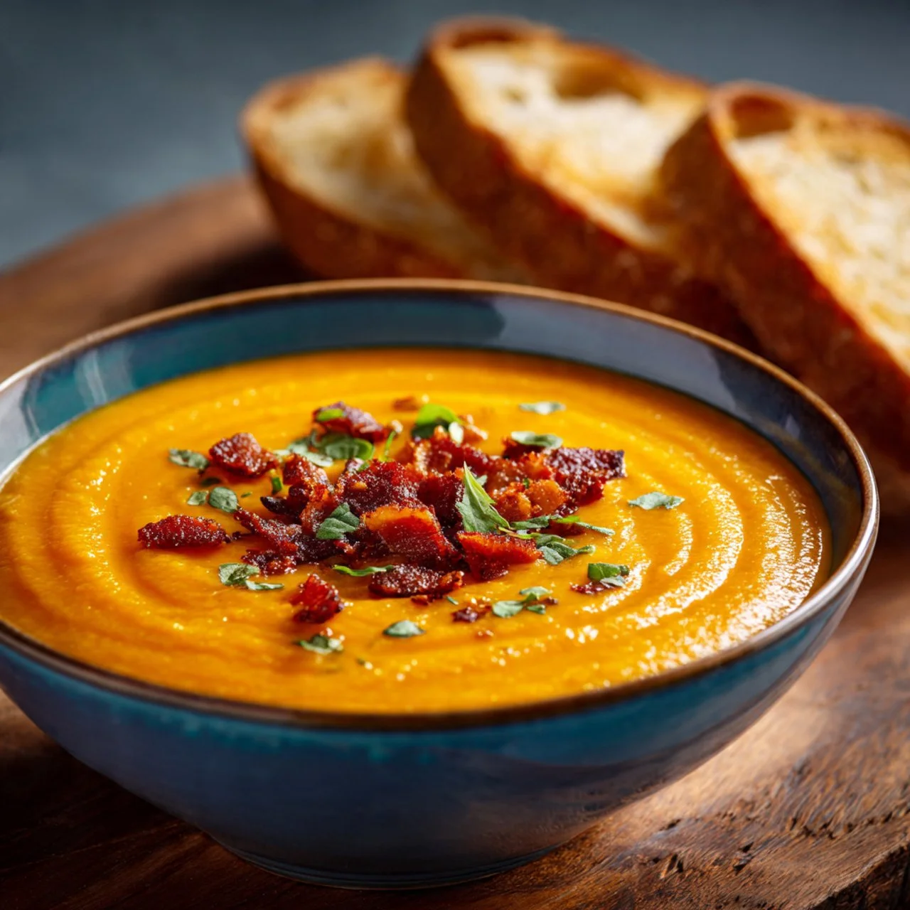 Creamy carrot soup served in a bowl with fresh herbs garnish.