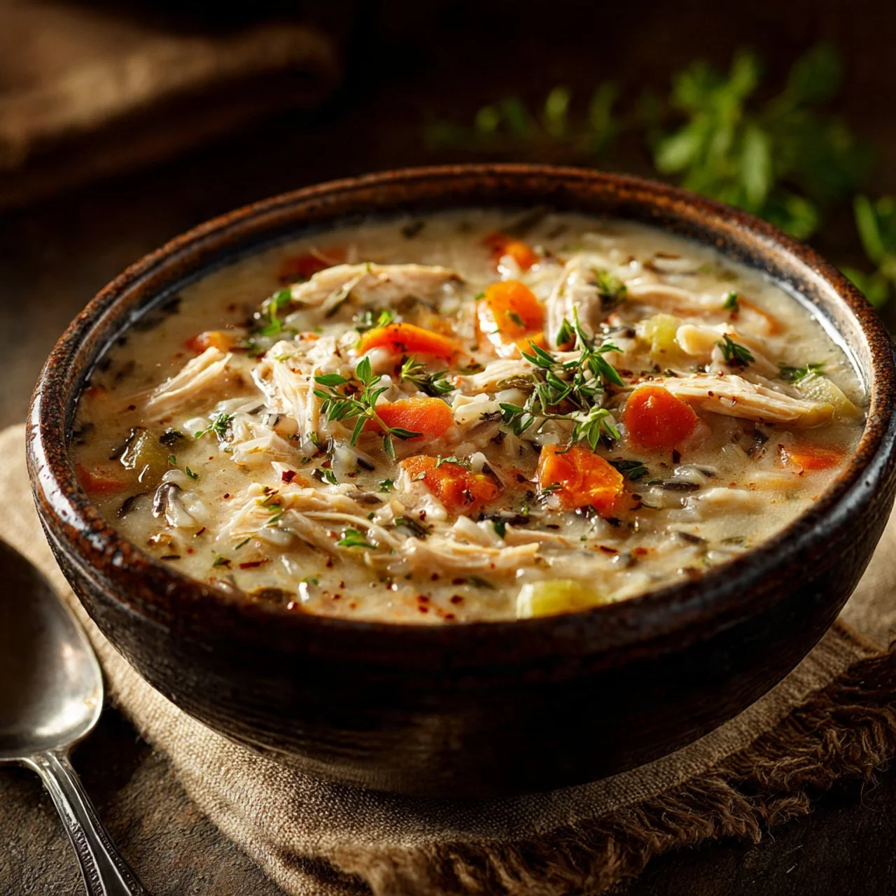 Creamy crockpot chicken wild rice soup served in a bowl with herbs