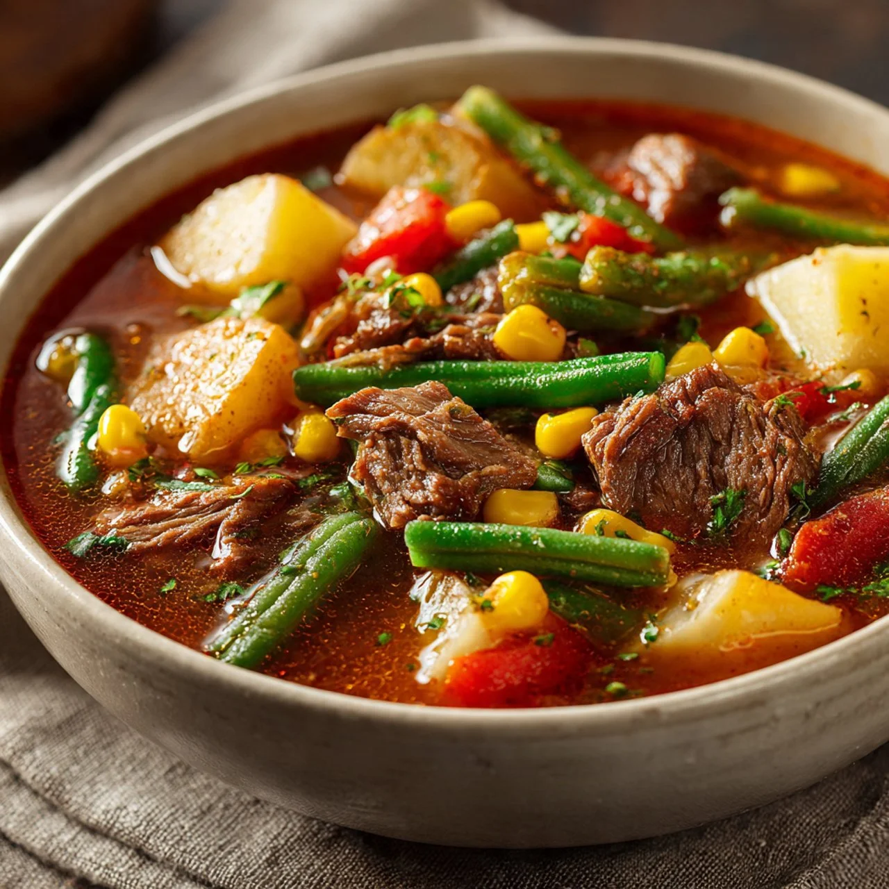 Crockpot Beef and Vegetable Soup in a bowl, garnished with fresh herbs