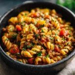Crockpot Taco Pasta dish with colorful ingredients ready to serve