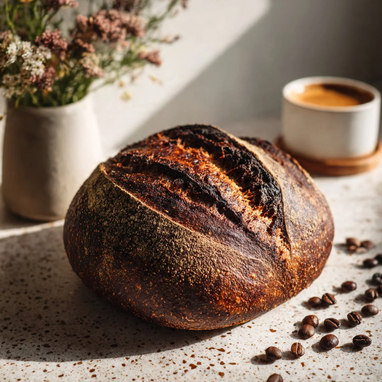 Freshly baked double chocolate espresso sourdough bread loaf