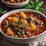 A bowl of easy ground beef stew with vegetables and herbs.