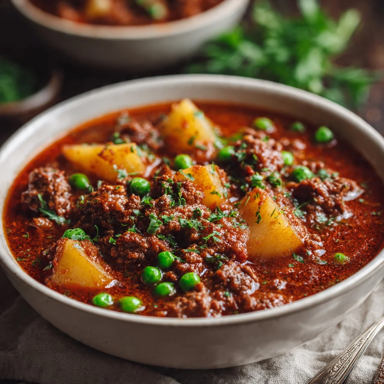 A bowl of easy ground beef stew with vegetables and herbs.