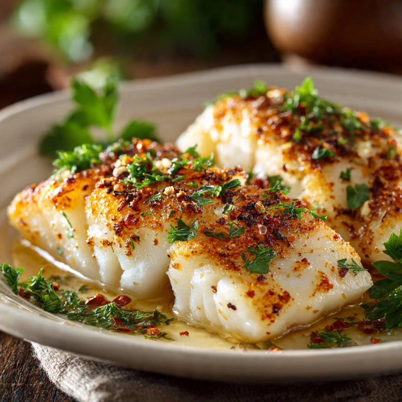Easy oven baked cod served with vegetables on a plate.
