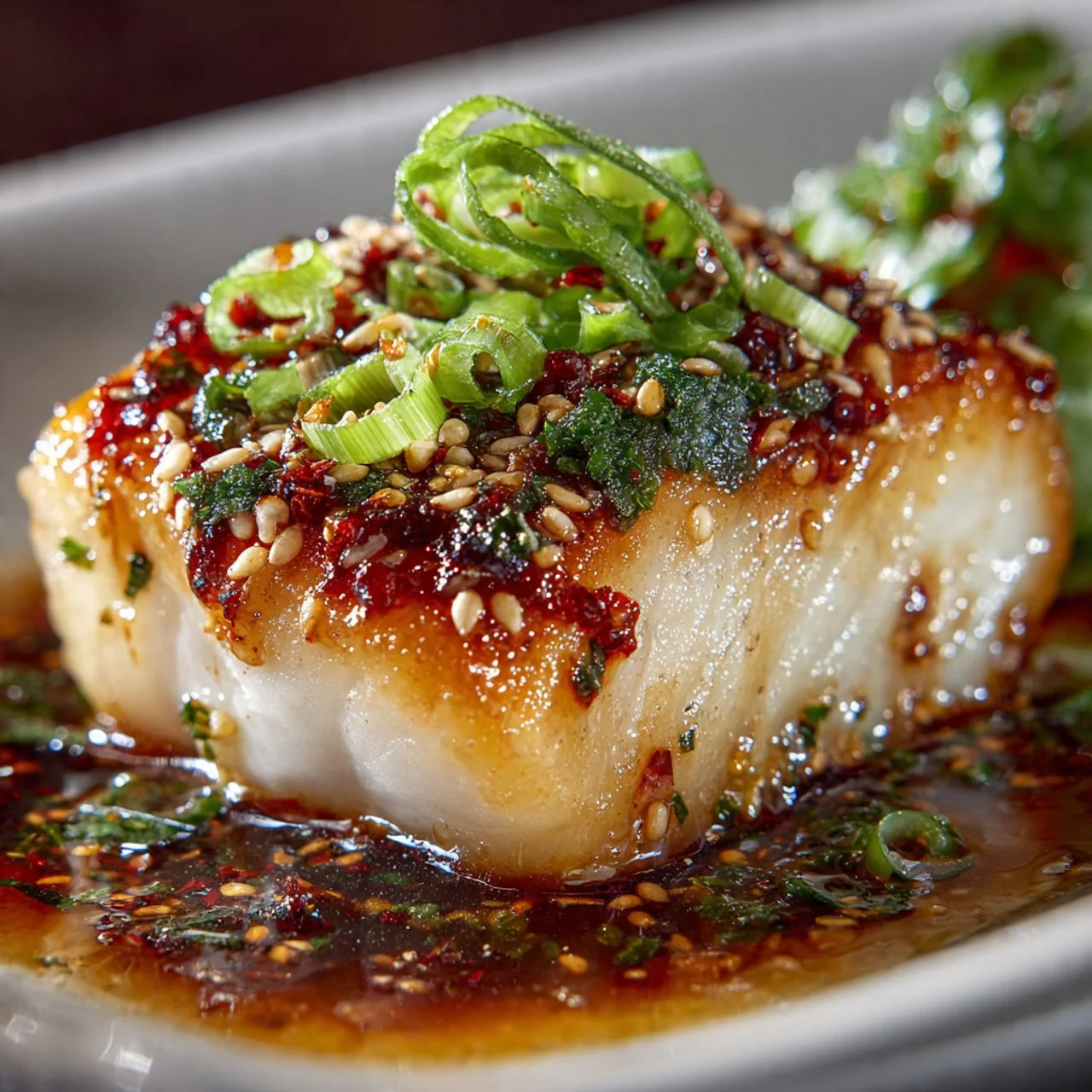 Flaky ginger soy glazed cod garnished with green onions and served on a plate