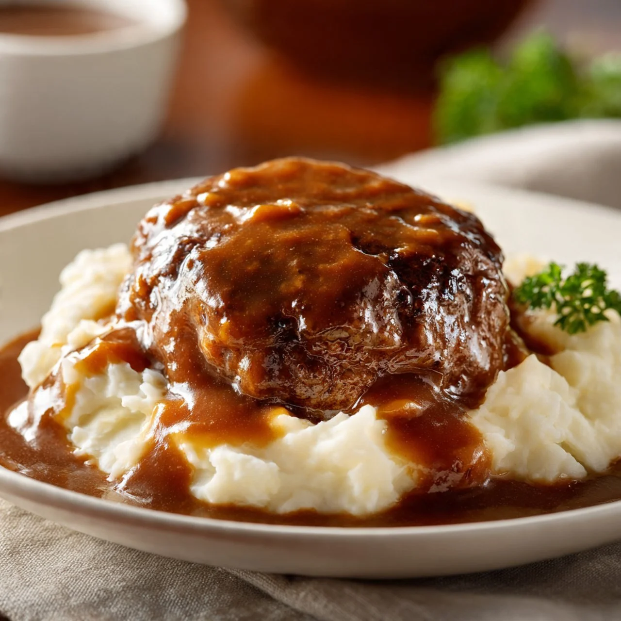 Delicious hamburger steak served with savory brown gravy