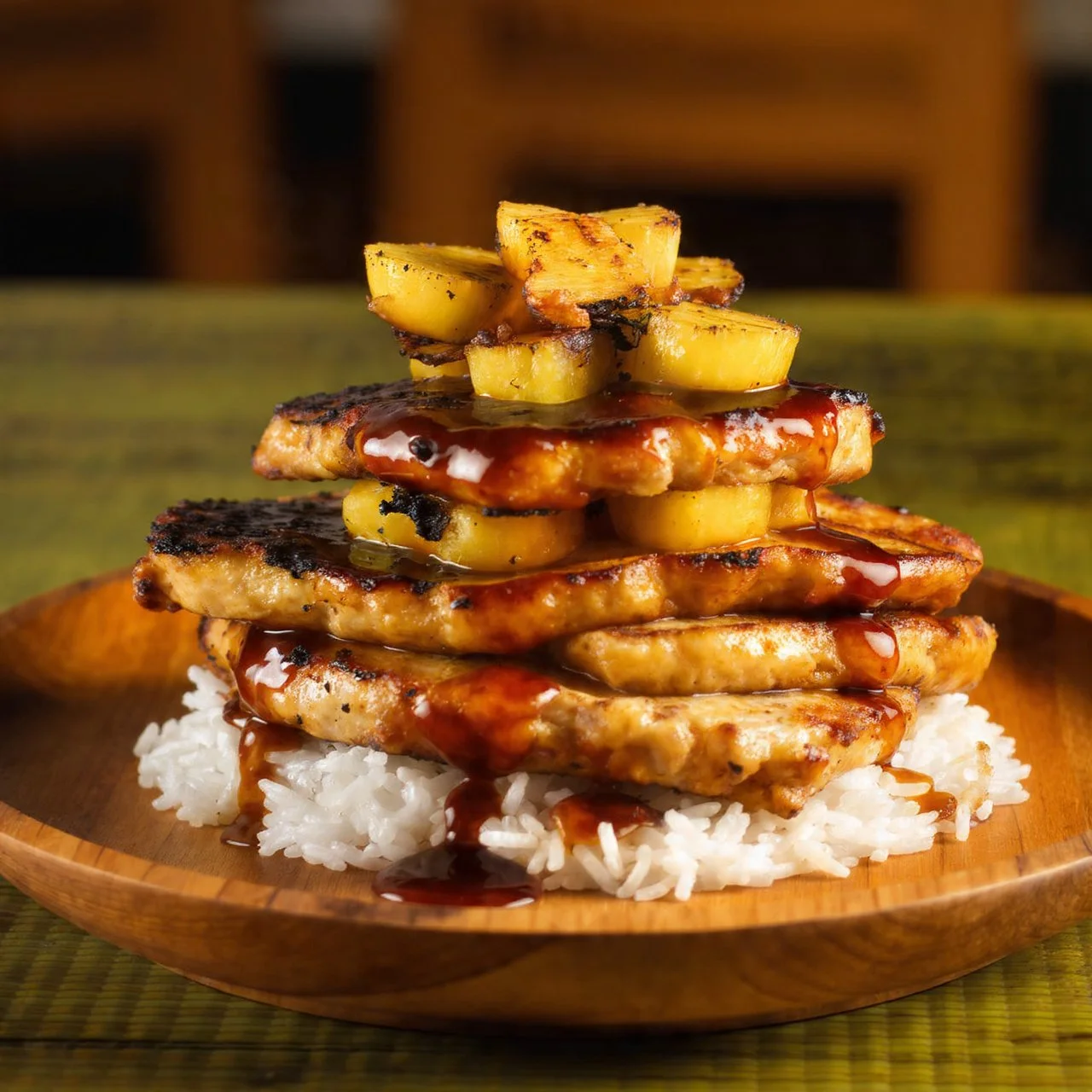 Succulent Hawaiian Huli Huli Chicken Stack garnished with fresh herbs